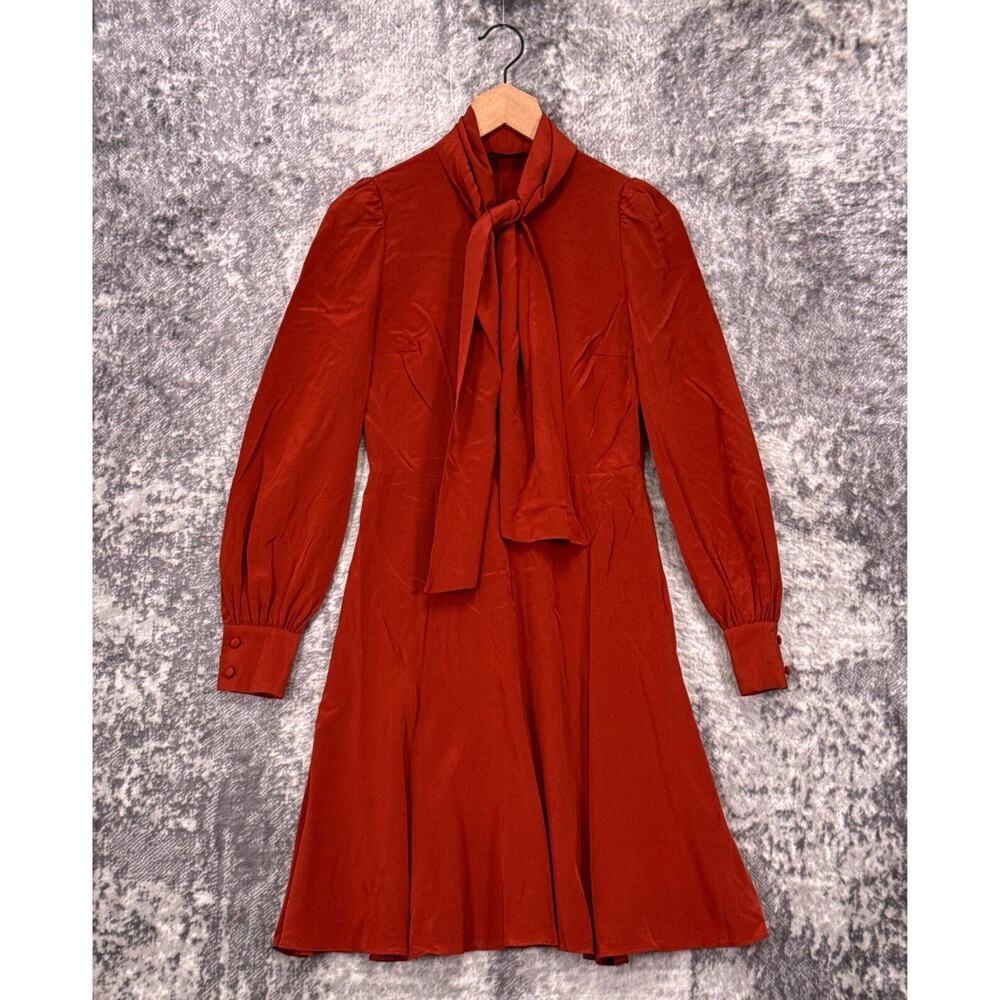 CO Collection Dress XS Womens Silk Burnt Orange Tie Neck Long Sleeve